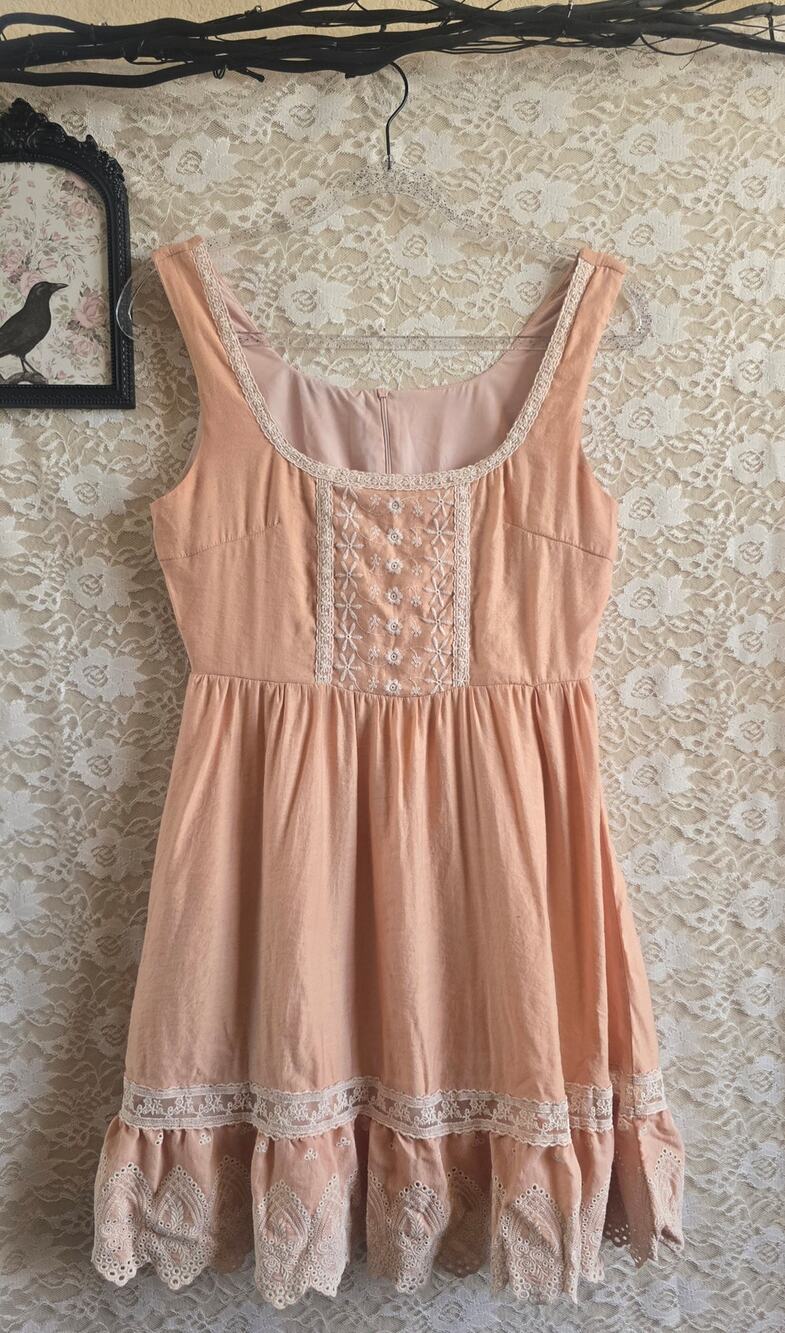 70s Inspired Gunne Sax Dress - Peach Babydoll Mini Dress - Prairie - Cottagecore